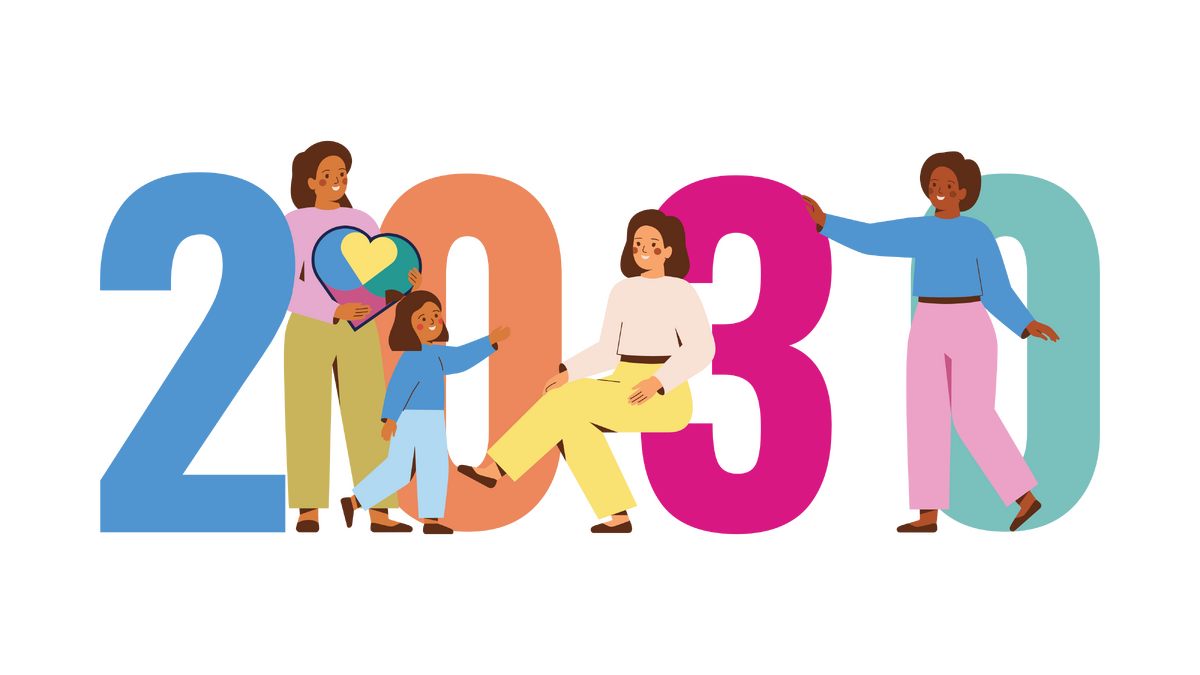 Illustration of people happy beside numbers forming the year 2030, with one person holding a promise heart.