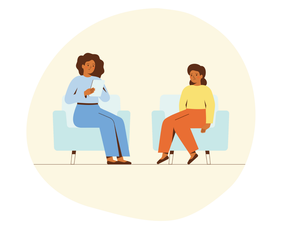 Illustration of an adult and child stitting down on comfy chairs in order to talk. The adult has a notepad, and the child appears to be sad.