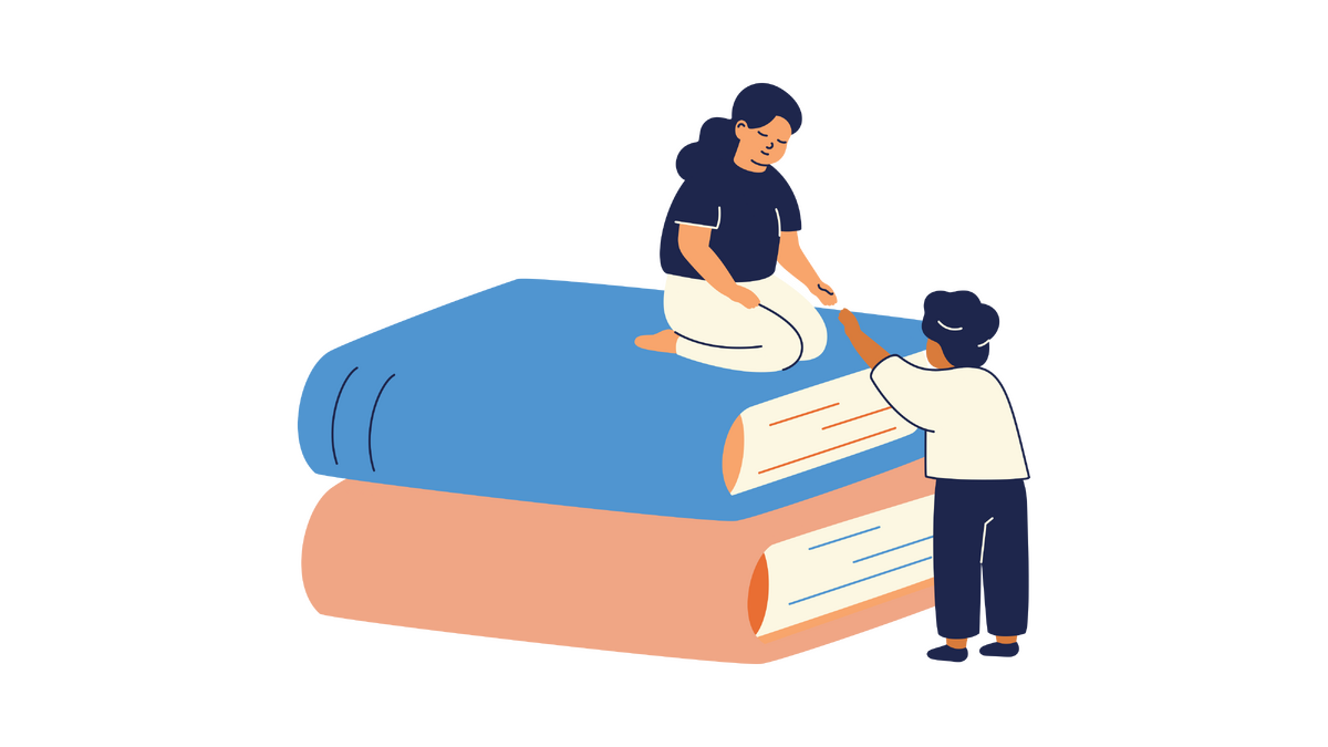 A person helping another person to the top of a pile of giant books, illustrating learning.