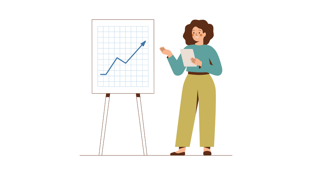 Illustration of person beside a chart with a line going up.