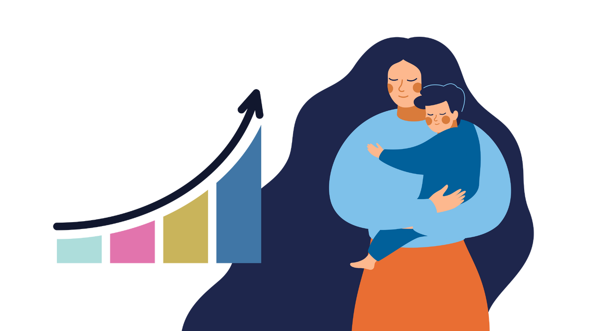 Illustration of an adult and child beside a graph with a line going upwards.