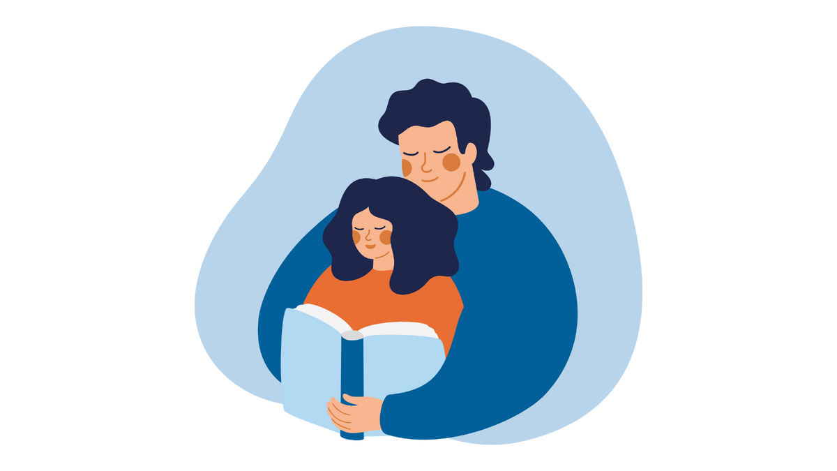 Illustration of an adult and child reading a book together.