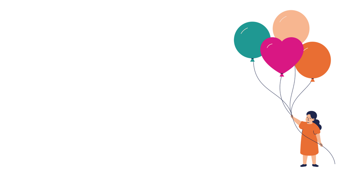 Illustration of a girl holding balloons, one of which is shaped like a heart.
