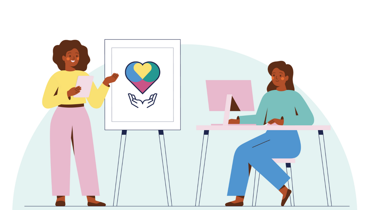 Illustration of a woman pointing to the logo of The Promise Scotland on a whiteboard, and a woman at a desktop looking on.