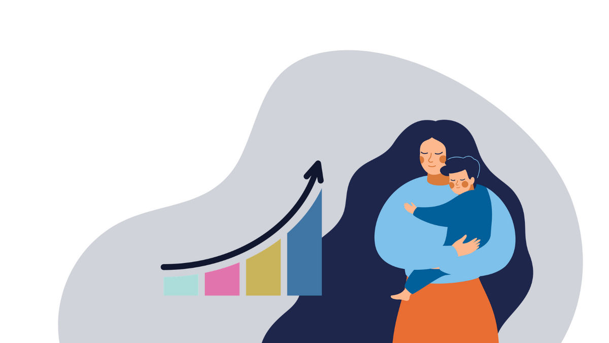 Illustration of a parent and child beside a graph with a line going up.