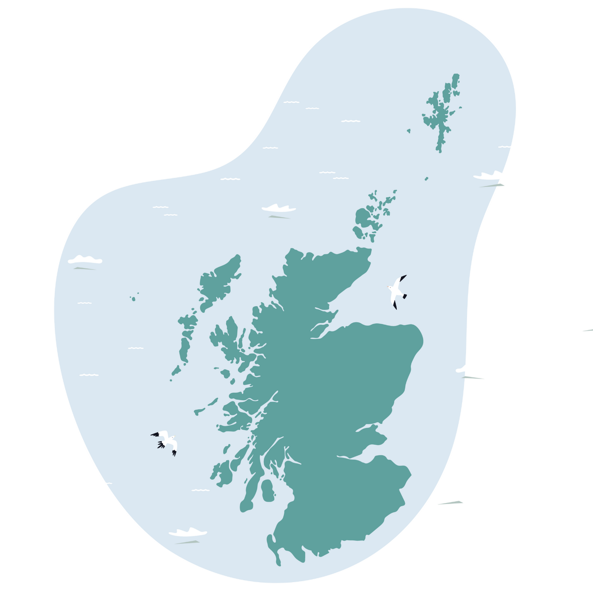 Illustration of Scotland with gulls flying overhead.