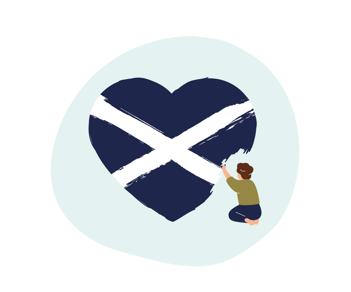 Illustration of a heart with the Scottish flag on it being painted by a person.