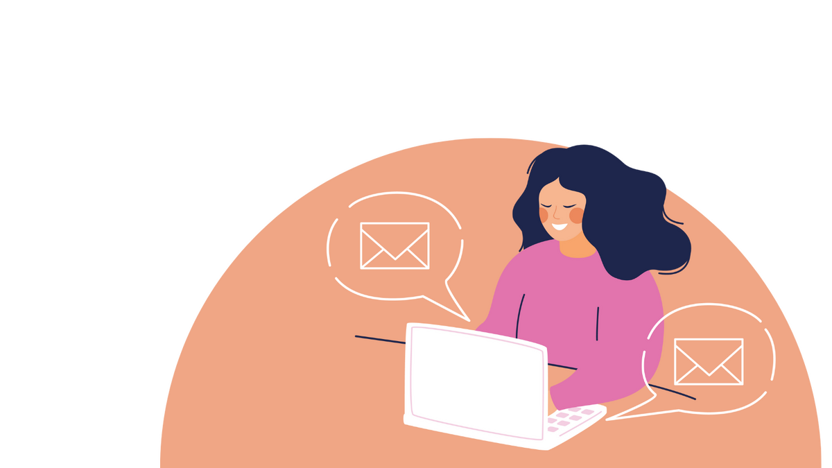 Illustration of a woman smiling and checking her emails.