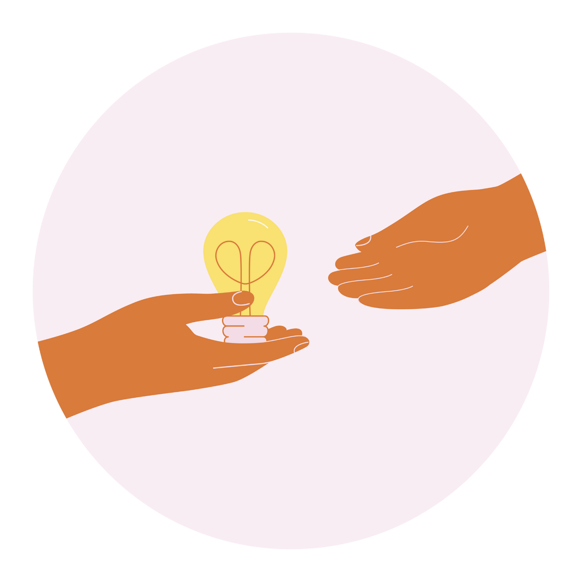 Illustration of an outstretched hand which holds a lightbulb out to another hand.