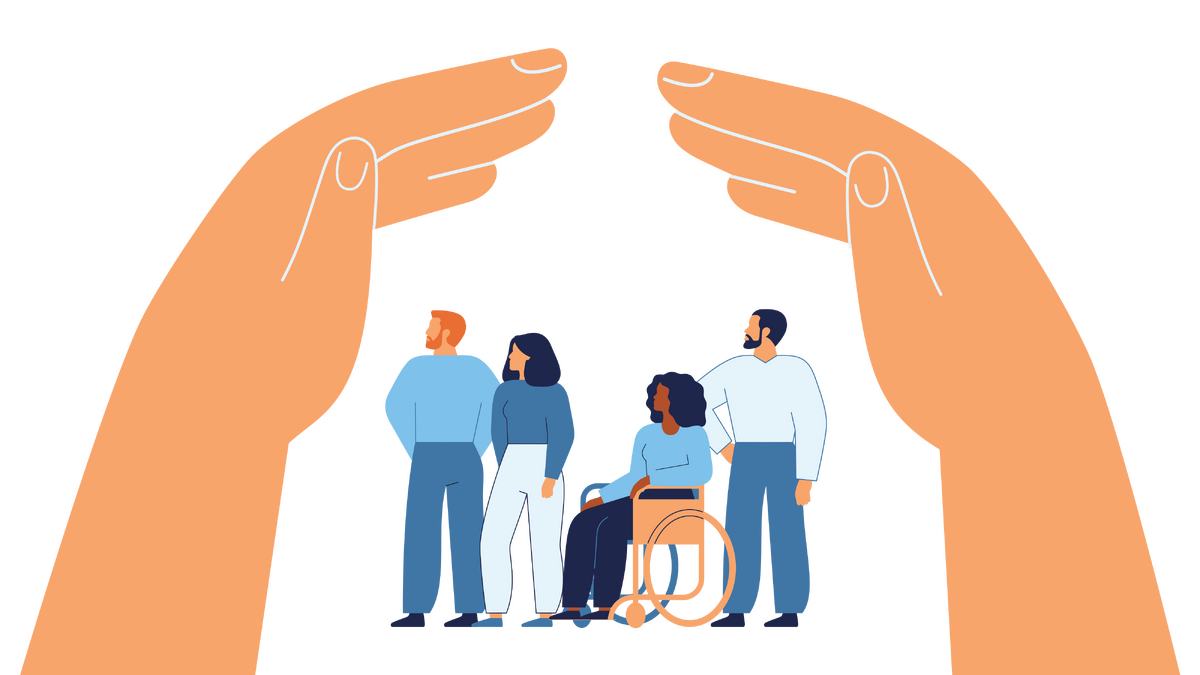 Hands surrounding a group of people, suggesting support.