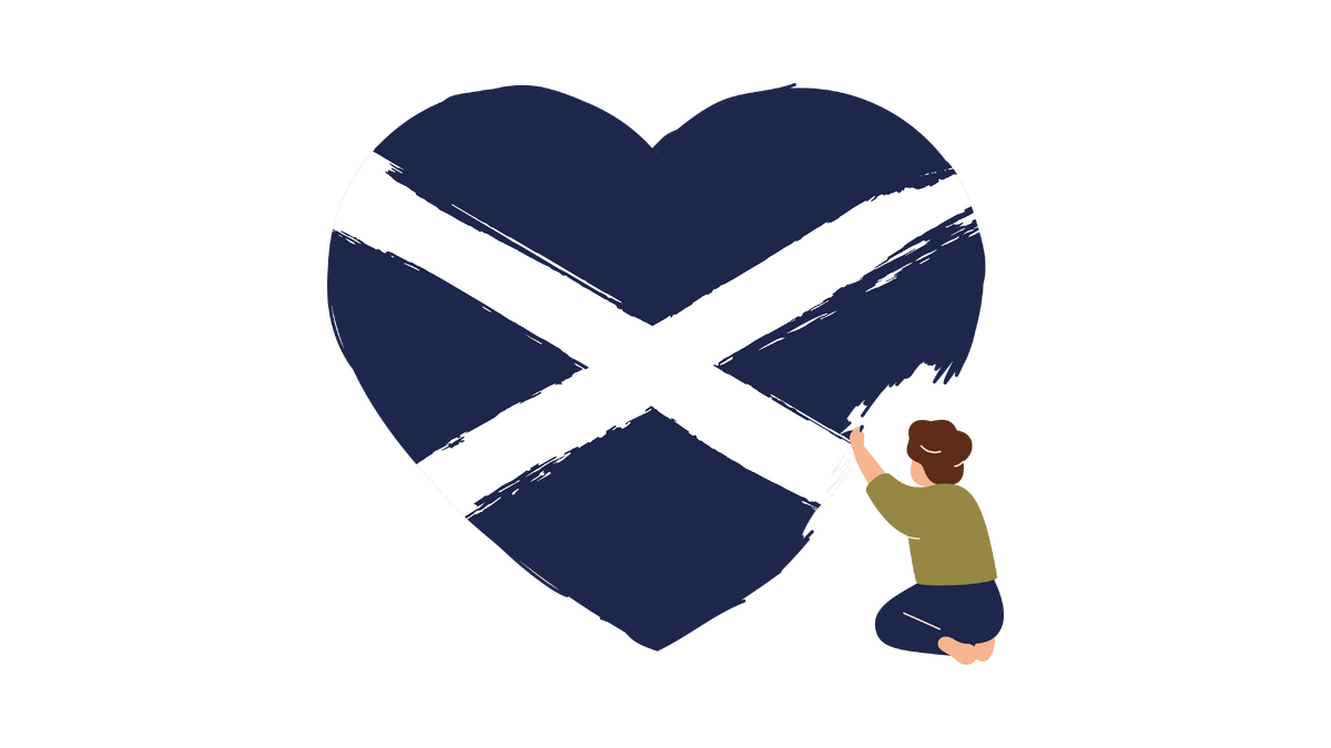 Illustration of a heart with the Scottish flag on it being painted by a person.