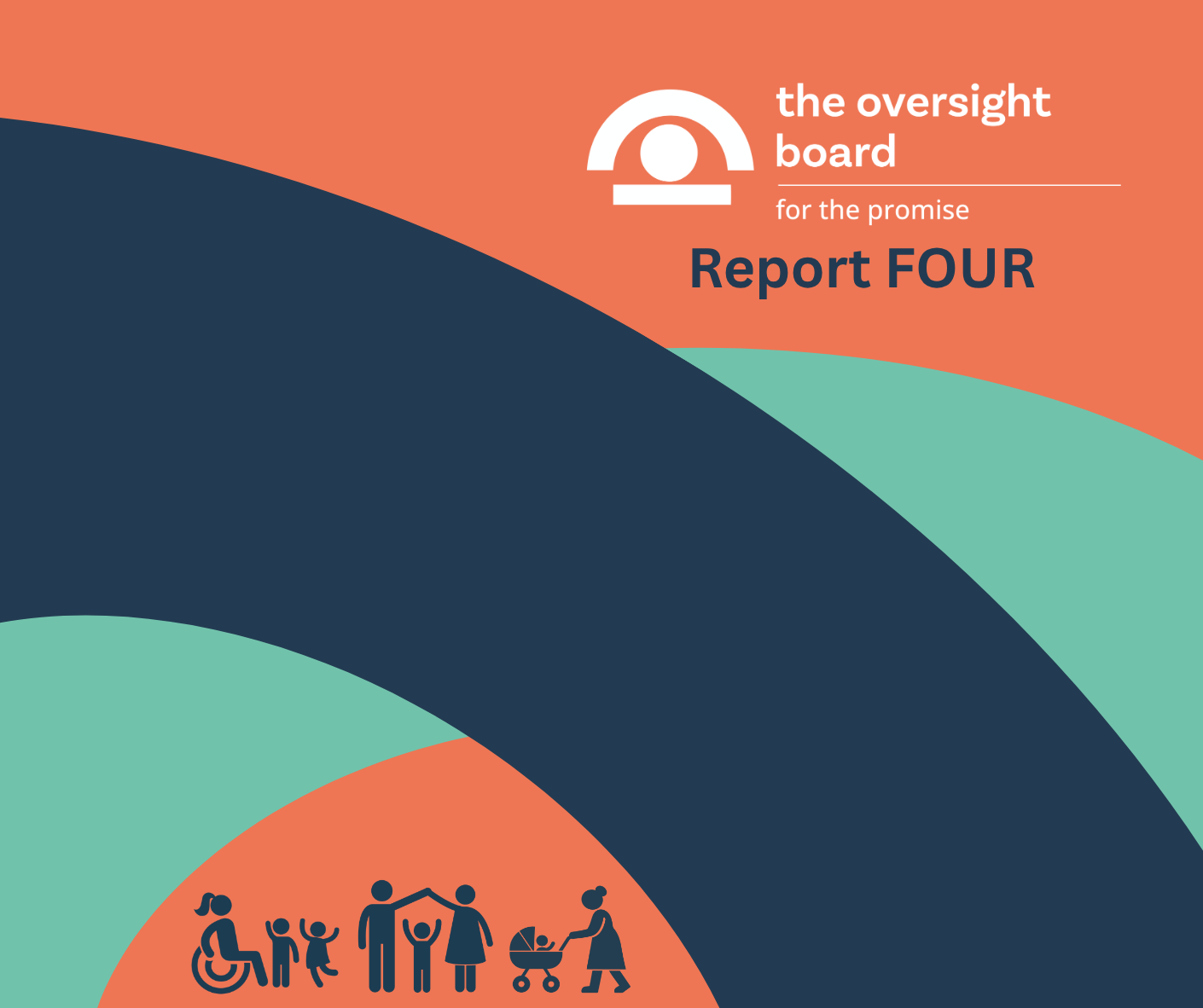 Graphic for The Oversight Board's Report FOUR, featuring stylised illustrations of children and adults.