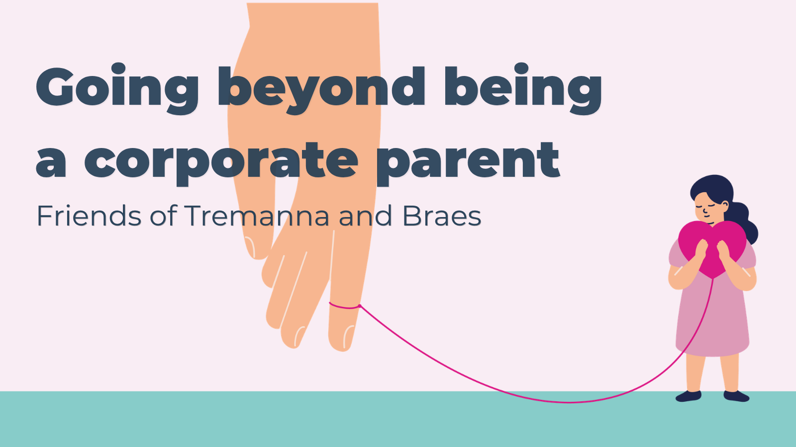 Illustration of a giant hand with a string attached to one finger, which leads to a heart which is being held by a child. The title of this learning story is laid over this illustration.